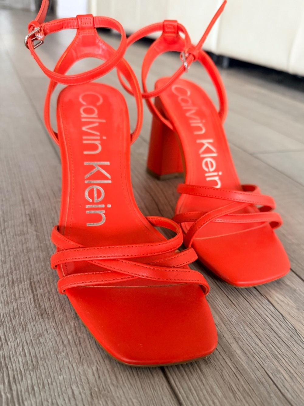 Calvin Klein Red Orange Strappy Block Heel Sandals Size 7.5